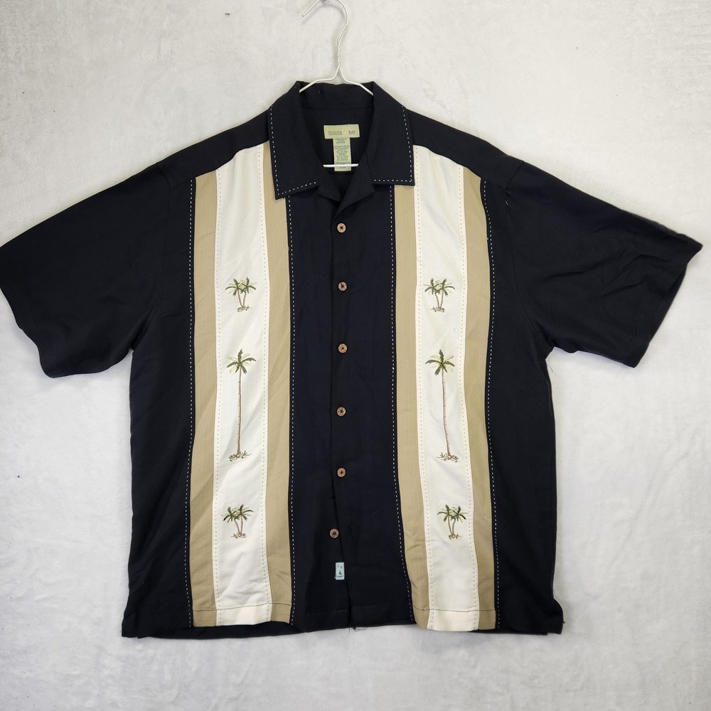 Trader Bay Mens‎ XL Palm Tree Embroidered Camp Shirt Black Bowling Button Down